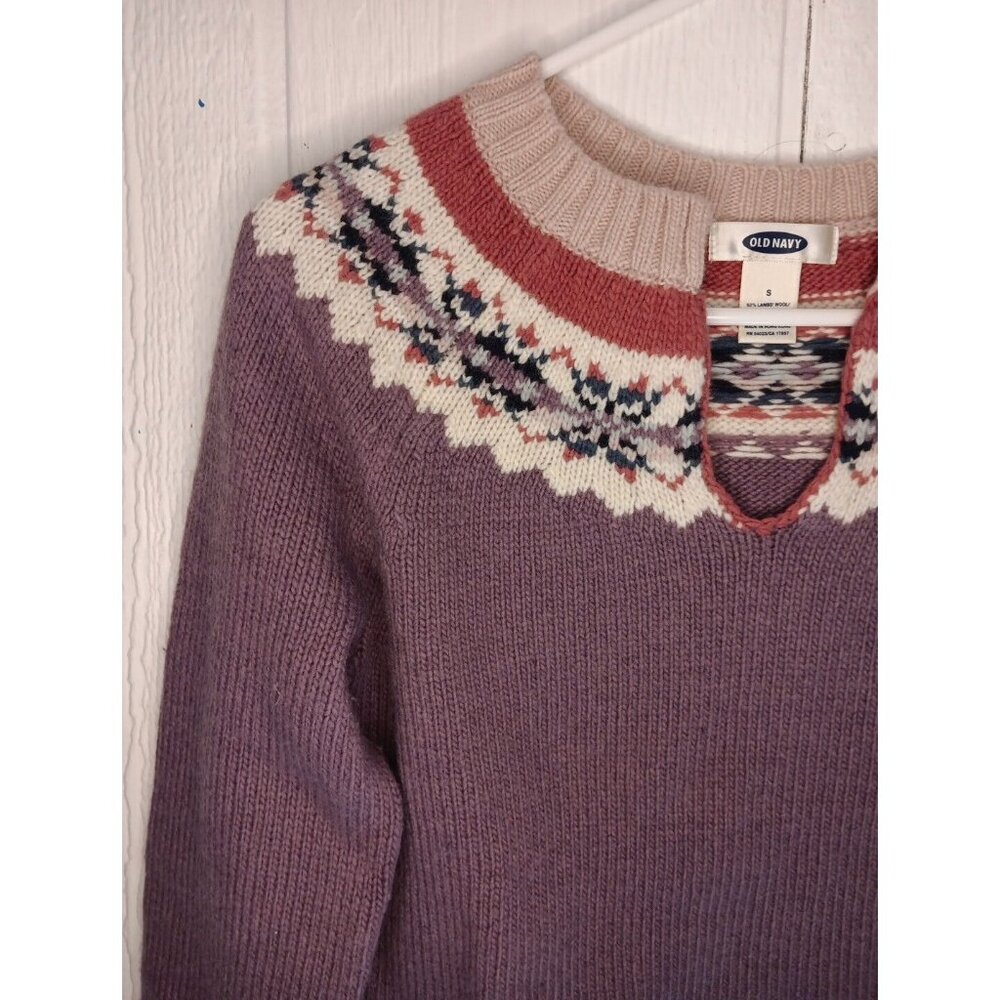 Old Navy Sweater Women S Purple Pink Floral Wool Blend Pullover V Neck Fair Isle - Picture 2 of 5
